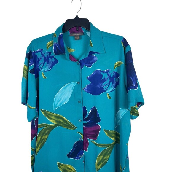 VTG 90s Lane Bryant Designs 18/20 Button Up Blouse Teal Floral Tropical Print - Picture 3 of 11